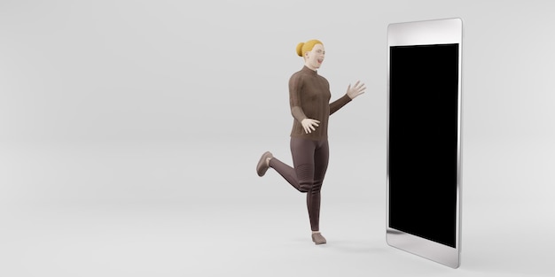 Foto mulher em pé com ilustração 3d de smartphone de telefone