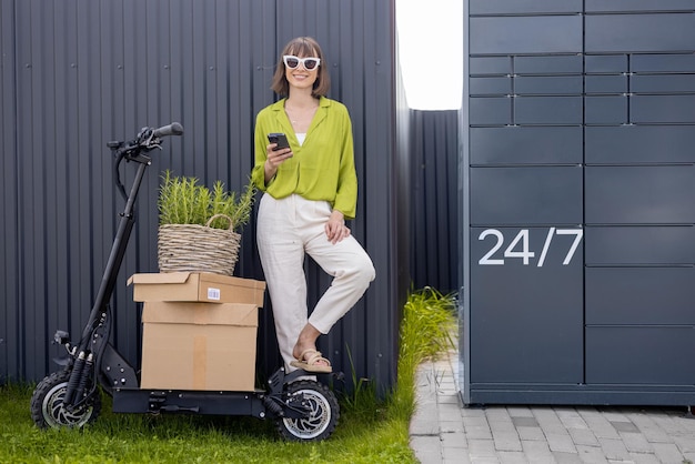 Mulher em pé com telefone perto do terminal de correio automático e scooter