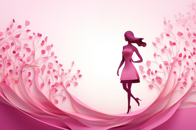 Mulher em pé em um campo rosa de flores Dia Internacional da Mulher fundo com espaço de cópia