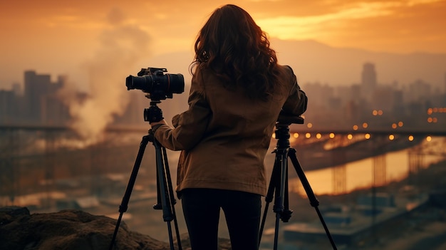 Mulher Em Pé Na Montanha Com Uma Câmera Fundo De Paisagem Cênica Dia Mundial Da Fotografia