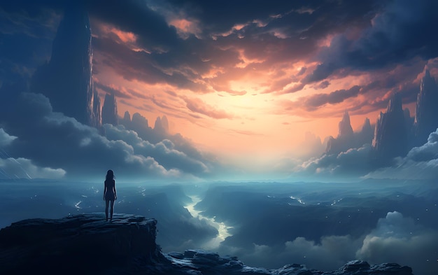 mulher em pé no topo de uma ilustração de montanha no mundo futurista com céu pôr do sol