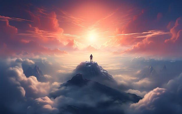 mulher em pé no topo de uma ilustração de montanha no mundo futurista com céu pôr do sol