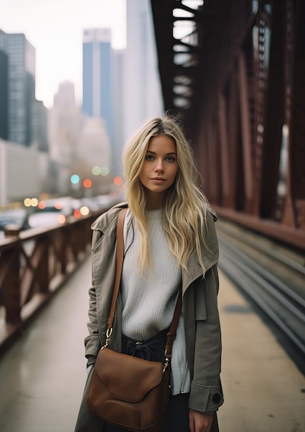 mulher em pé ponte bolsa mão garota sexy cabelo loiro longo aconchegante tom quente roupas casuais modernas