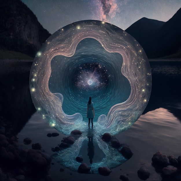 Mulher em pé sobre uma rocha à beira de um lago pintada com um círculo perfeito de luz