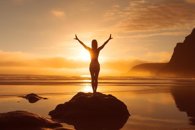 Mulher em pé sobre uma rocha com os braços estendidos em uma praia ao pôr do sol.