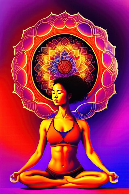 Mulher em pose de ioga, meditação, ilustração abstrata, vermelho e roxo, símbolo da mandala, tranquilidade