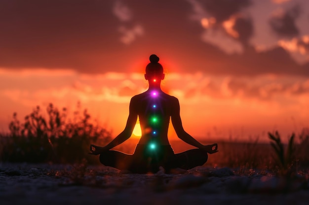 Foto mulher em postura de ioga com chakras brilhantes praticando meditação ao ar livre