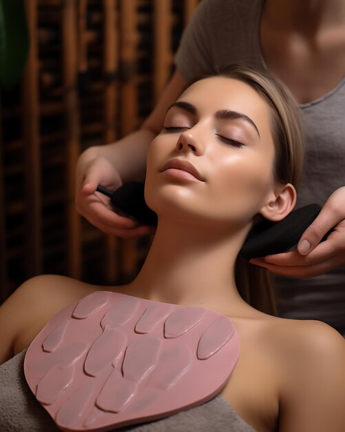 Foto mulher em procedimento facial de gua sha