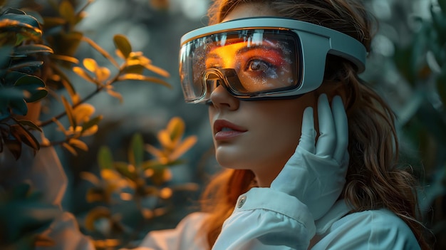 Mulher em Retrato de Inverno com óculos de realidade virtual VR