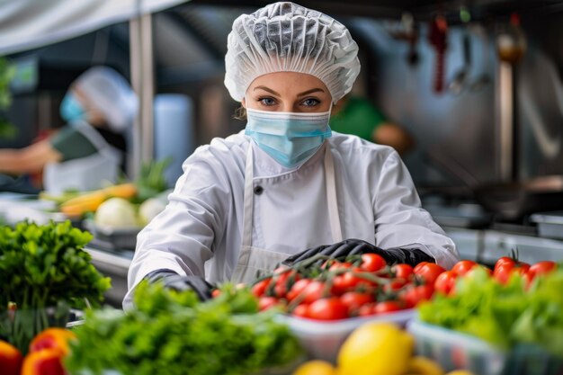 Foto mulher em roupa médica inspecionando tomates conceito do dia da segurança alimentar