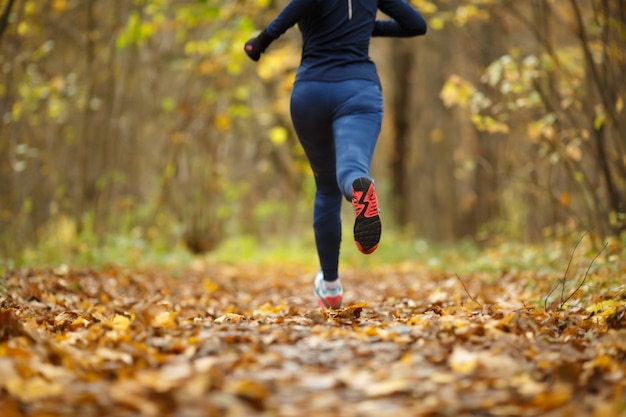 Mulher em roupas esportivas correndo pela floresta no outono