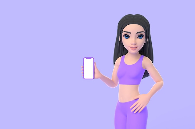 Mulher em roupas esportivas mostra um smartphone com uma maquete de tela branca em branco sobre fundo roxo 3D