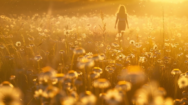 Mulher em silhueta vagueia por um prado de sonho ao nascer do sol dourado