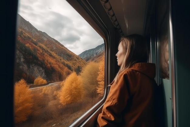 Mulher em um assento de viagem de trem ao lado de uma grande janela pintando uma cena pitoresca