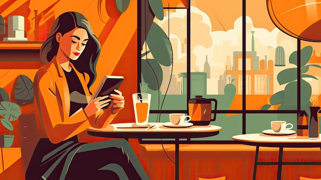 Mulher em um café com ilustração plana de computador tablet