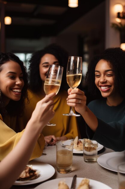 Foto mulher em um restaurante comemorando com amigos criado com ia generativa