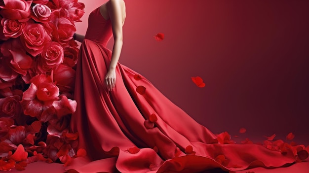 Mulher em um vestido longo vermelho em frente a uma parede de rosas em cascata gerada por IA