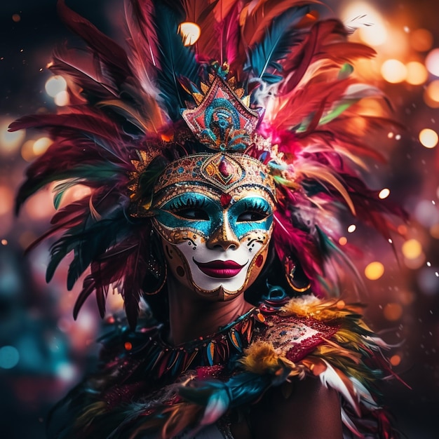 mulher em uma festa de carnaval no Brasil usando uma máscara colorida