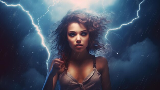 mulher em uma nuvem de tempestade emite relâmpagos