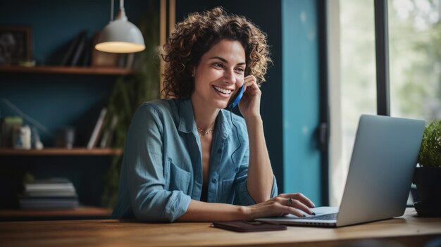 Mulher em uma roupa casual trabalha em um laptop em seu escritório