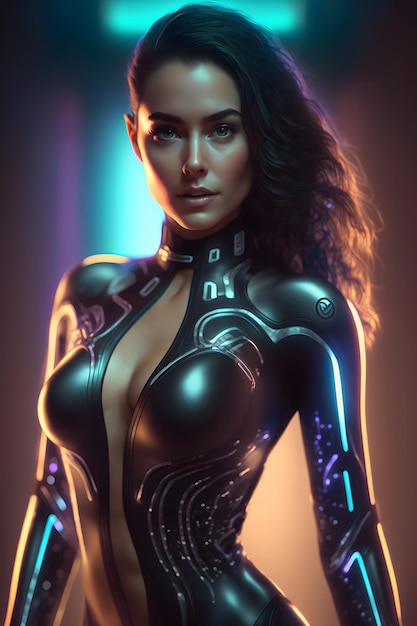 mulher em uma roupa futurista no meio de uma cidade cyberpunk, luzes de neon