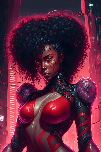 Mulher em uma roupa vermelha e preta parada na frente de uma arte cyberpunk da cidade