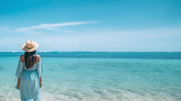 Mulher em umas férias de praia de verão generativa ai