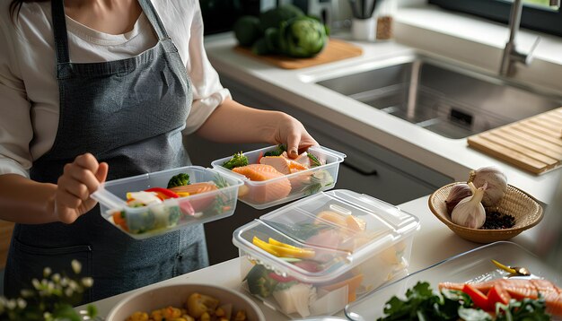 Mulher embalando refeição fresca em caixa de almoço na cozinha