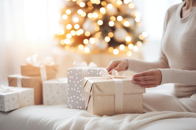 Mulher embalando um monte de presentes de Natal em uma sala de estar decorada, ideia de espírito de Natal