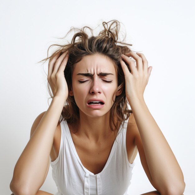 Mulher emocionalmente carregada expressando estresse com as mãos no cabelo