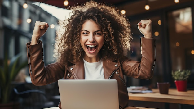 Foto mulher empreendedora bem sucedida comemorando com bomba de punho na frente de um laptop ia geradora