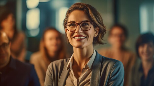 Foto mulher empresária que lidera com confiança uma equipa, mulher empresária que conhece mulheres em negócios