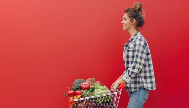 Foto mulher empurrando carrinho de compras cheio de comida em fundo vermelho