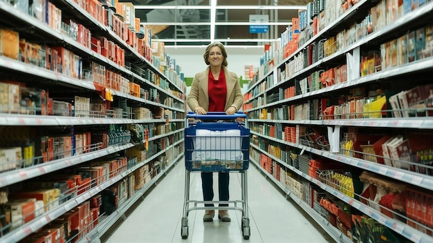 Mulher empurrando carrinho de compras entre as prateleiras do supermercado