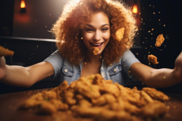 Mulher encantada com uma jaqueta de jeans com asas de frango voando ao redor desfrutando de fast food