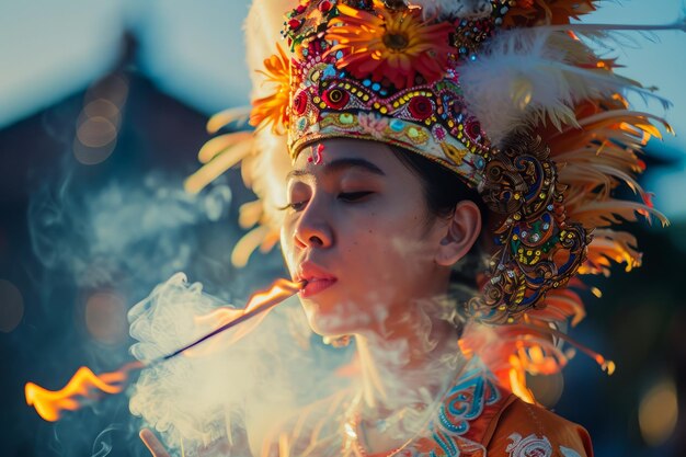 Mulher encantadora em trajes tradicionais coloridos exalando fumaça durante as festividades do anoitecer