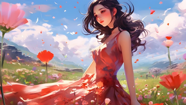 Mulher encantadora em um campo de flores silvestres estilo anime Garota em um campo floral