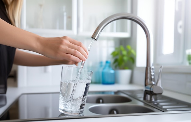 Mulher enchendo o copo com água da torneira na cozinha