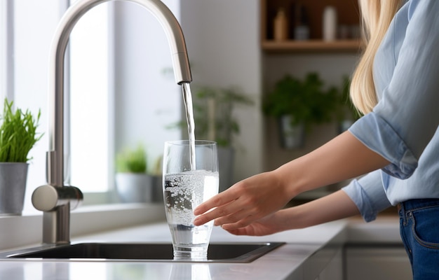 Mulher enchendo o copo com água da torneira na cozinha