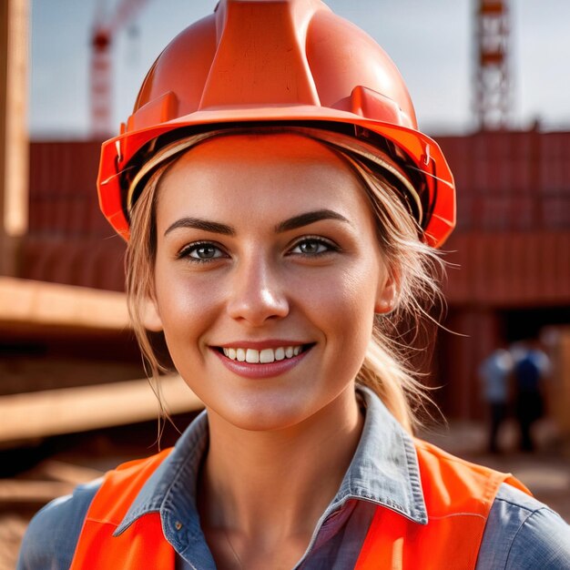 mulher engenheira civil com planos no local de construção sorrindo