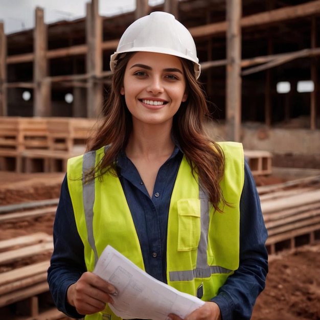 mulher engenheira civil com planos no local de construção sorrindo