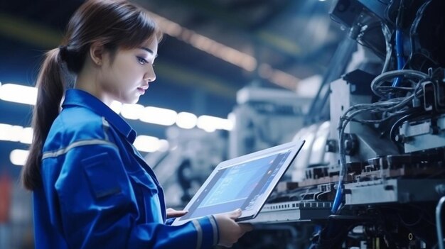 Foto mulher engenheira de fábrica inspecionando a máquina com tablet inteligente