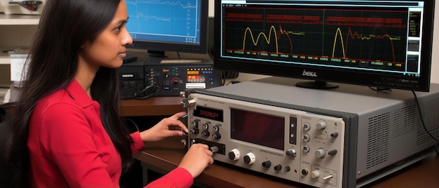 Foto mulher engenheira medindo produto eletrônico em bancada de teste em seu laboratório para conformidade com a emc