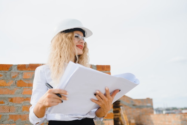 Mulher engenheira olhar para construção de vidro.