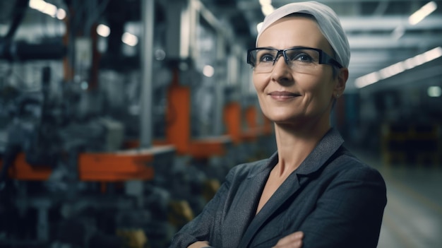 Foto mulher engenheira rosto sorridente em pé no fundo desfocado da fábrica inteligente com braços robóticos generative ai aig20