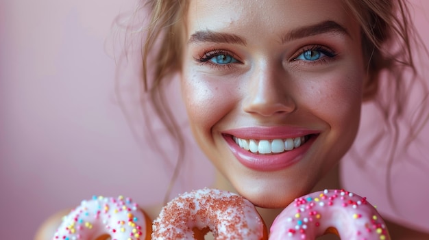 Mulher engraçada e alegre come doces sobremesa conceito de emagrecimento modelo de moda comendo donuts coloridos