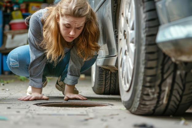 Foto mulher engraçada e exausta a consertar uma roda de carro.