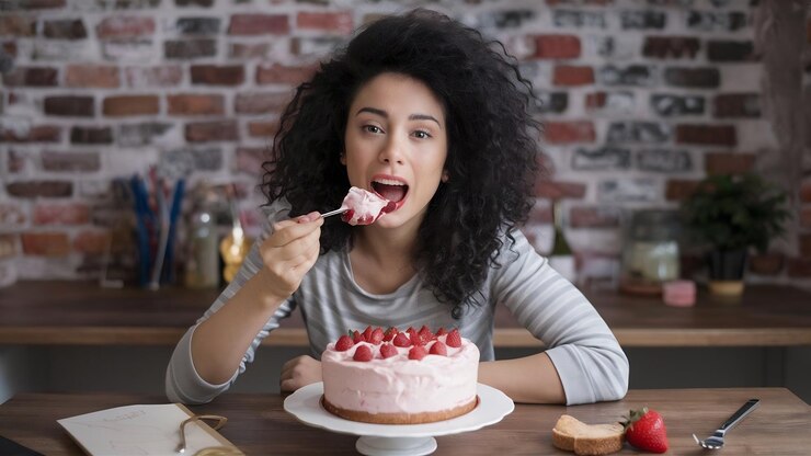 Foto mulher enrolada com fome come com apetite bolo de morango cremoso tem vício em açúcar vem em brit