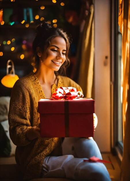 Foto mulher entregando um presente