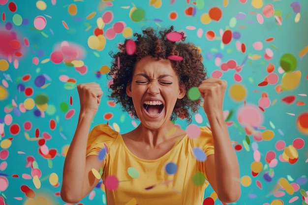 Foto mulher entusiasmada comemora ganhar na loteria com entusiasmo